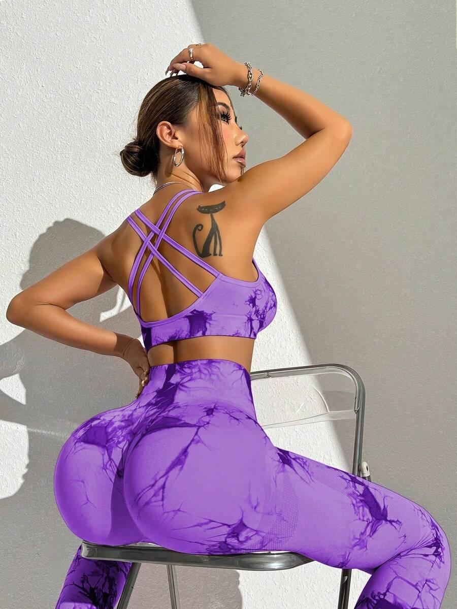 fioletowy top legginsy komplet 