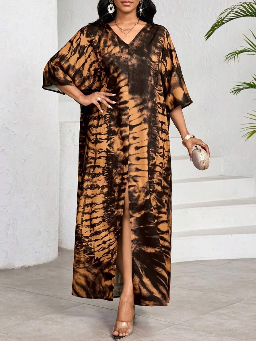 maxi sukienka rozcięcie rękaw 3/4 print v-neck
