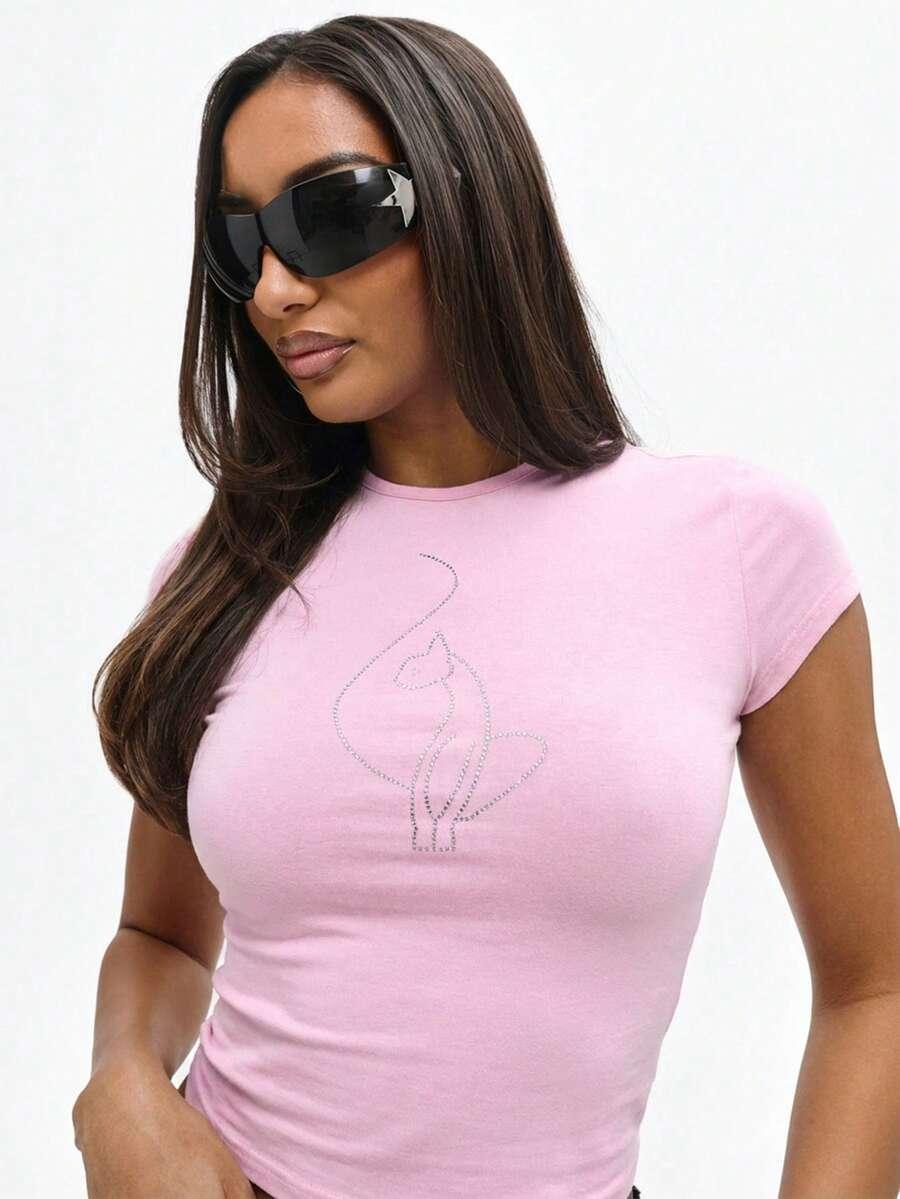 RÓŻOWY T-SHIRT OKRĄGŁY DEKOLT