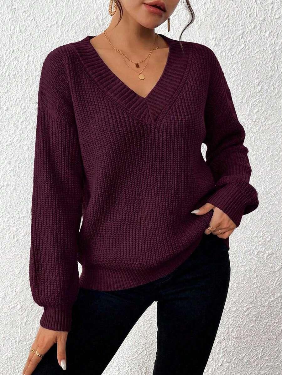 bordowy sweter splot v-neck