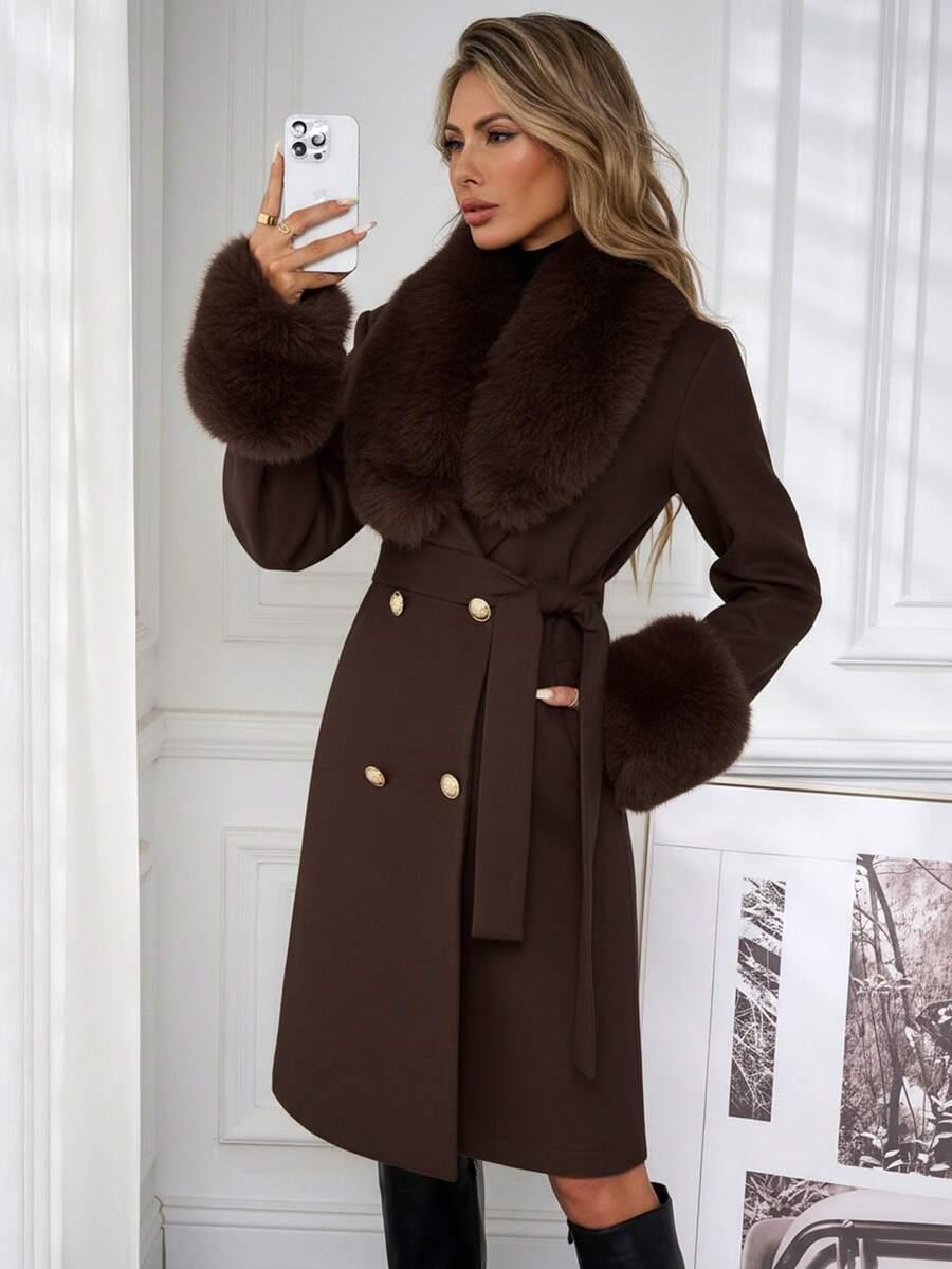 BRĄZOWY PŁASZCZ SZTUCZNE FUTRO