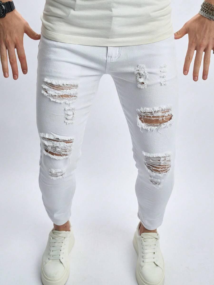 białe spodnie rurki jeans ripped 