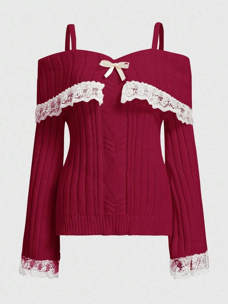 czerwony sweter koronka