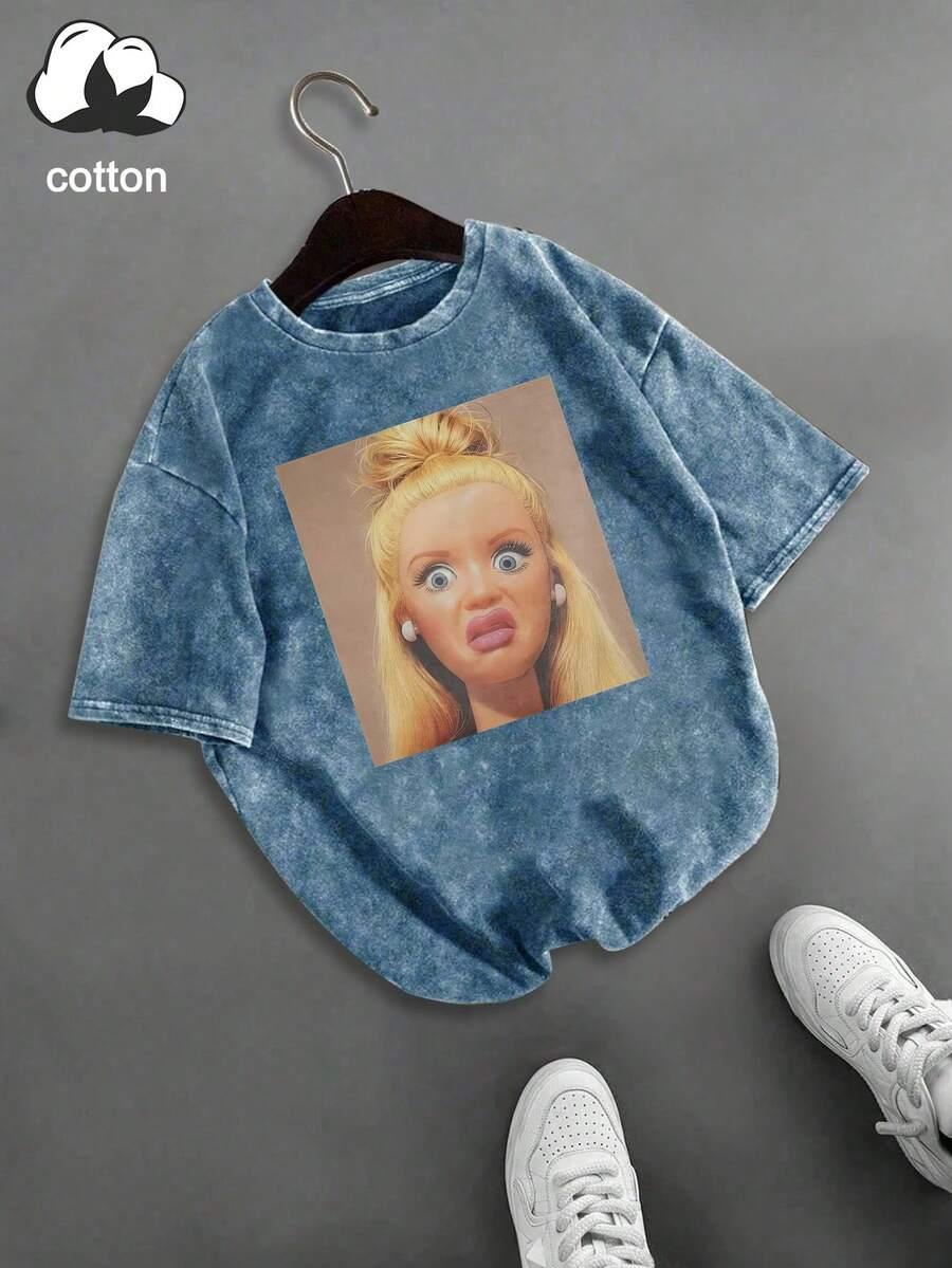 niebieski t-shirt nadruk