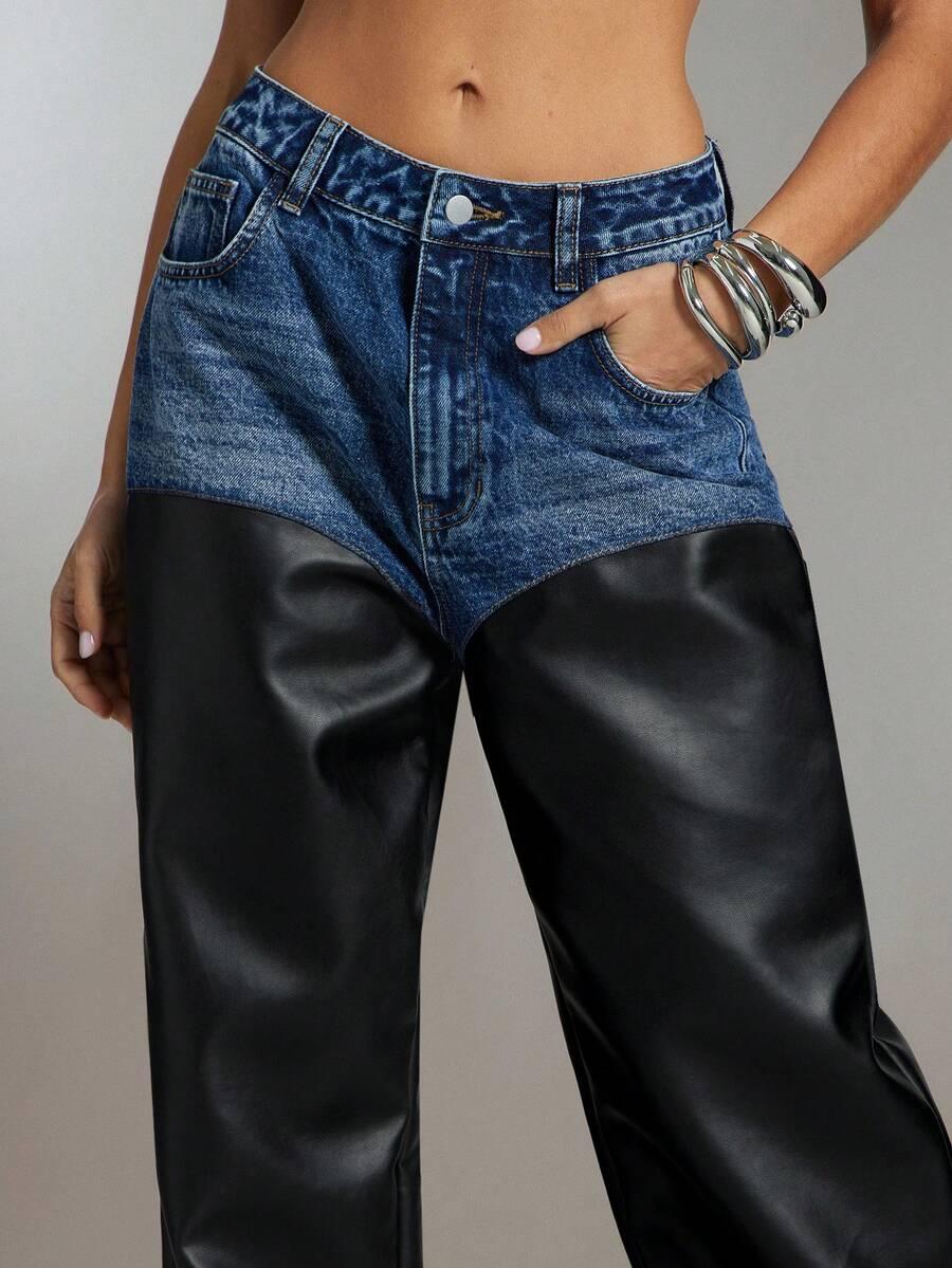 SPODNIE IMITACJA SKÓRY jeans kontrast