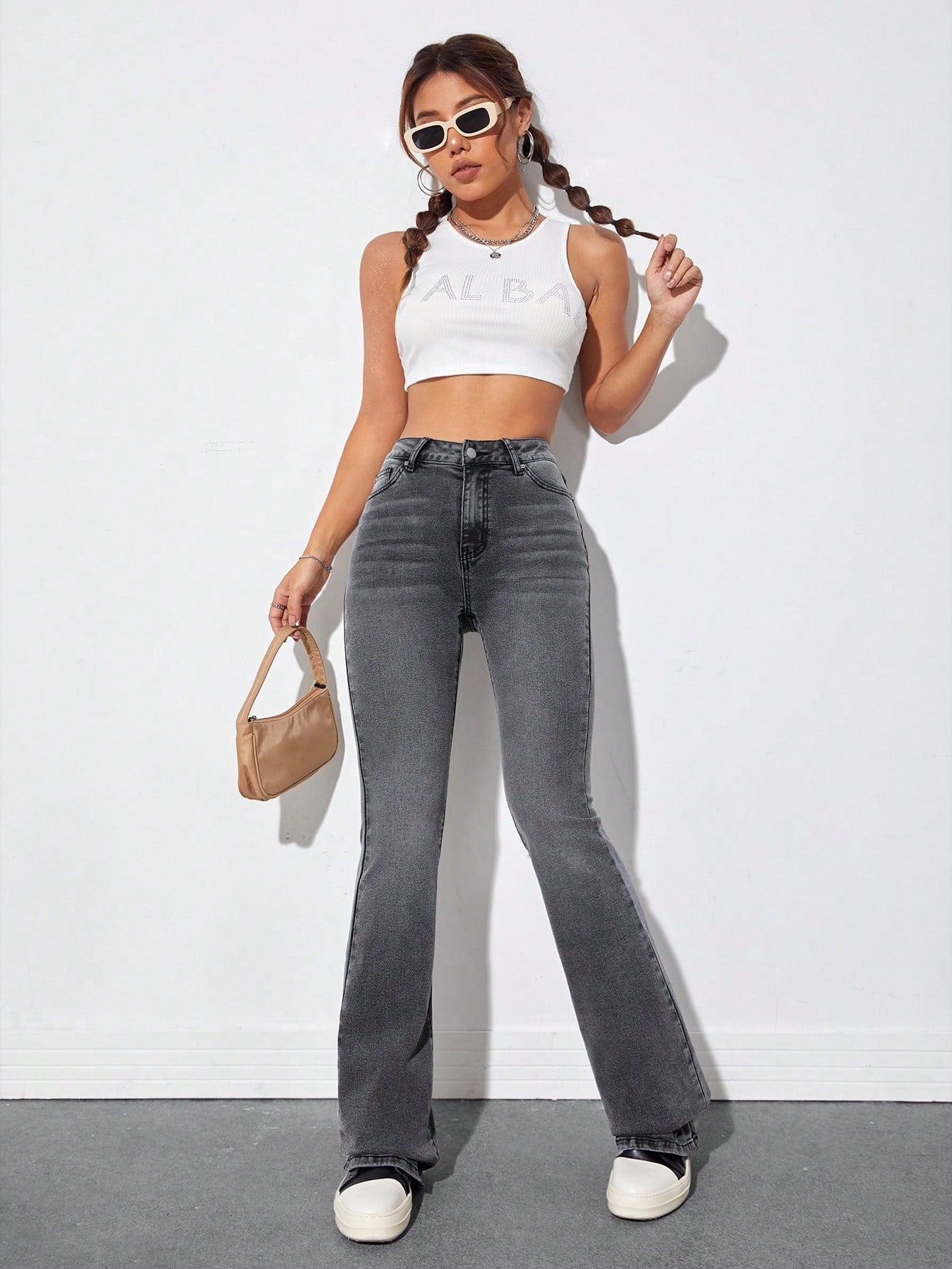 szare spodnie flare jeans kieszenie