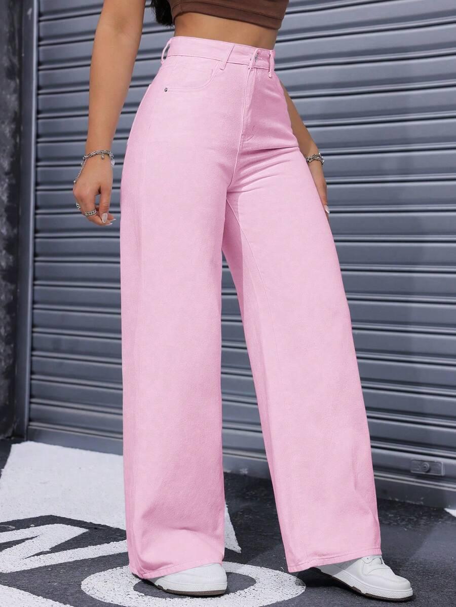 różowe spodnie jeans wysoki stan szeroka nogawka