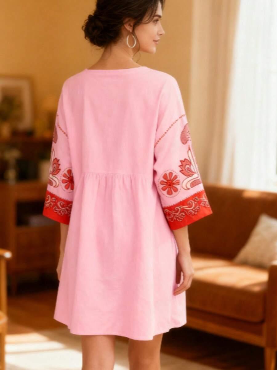 SUKIENKA OVERSIZE V-DEKOLT ORIENTALNY WZÓR 3/4 RĘKAW