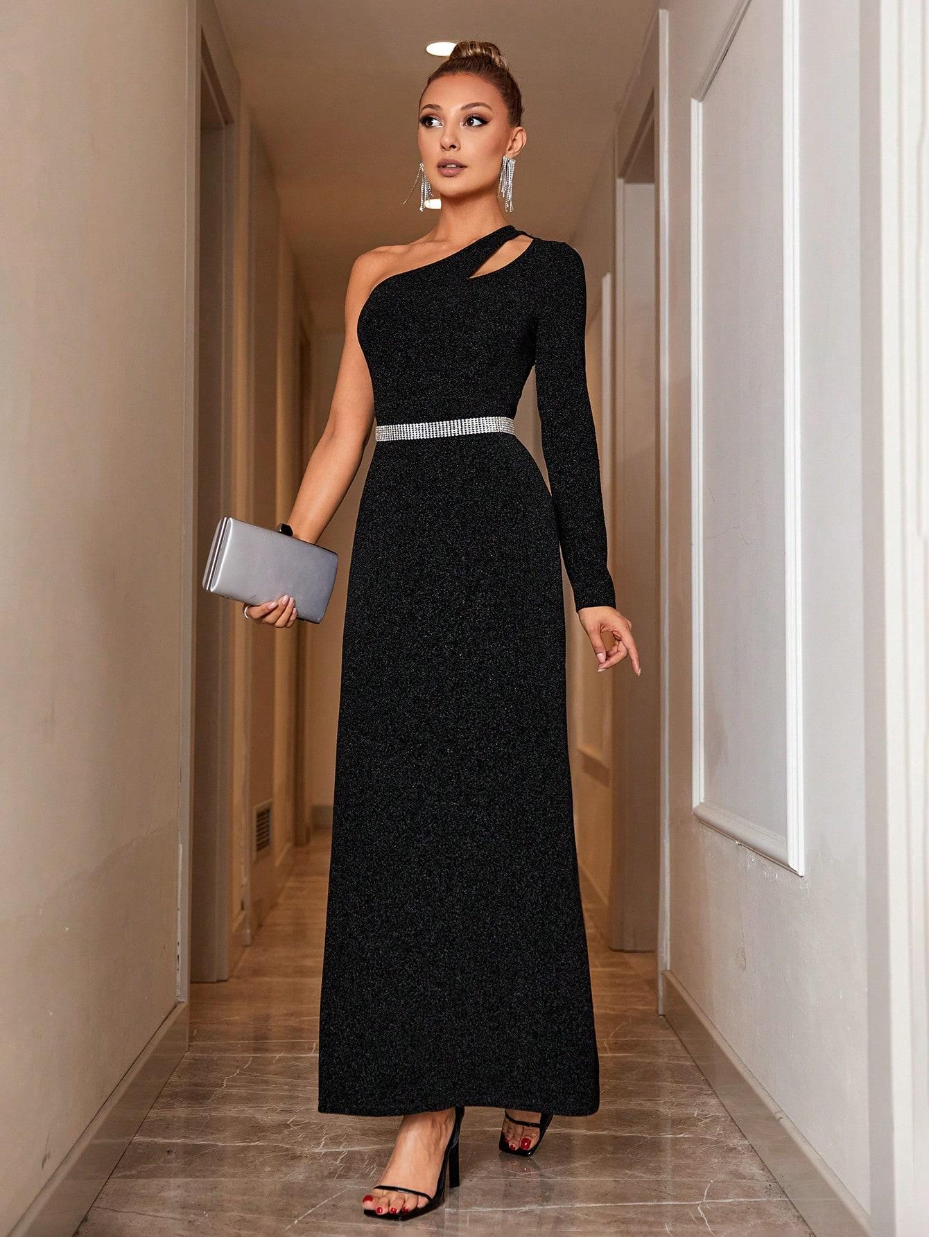 czarna asymetryczna brokatowa maxi sukienka rozporek