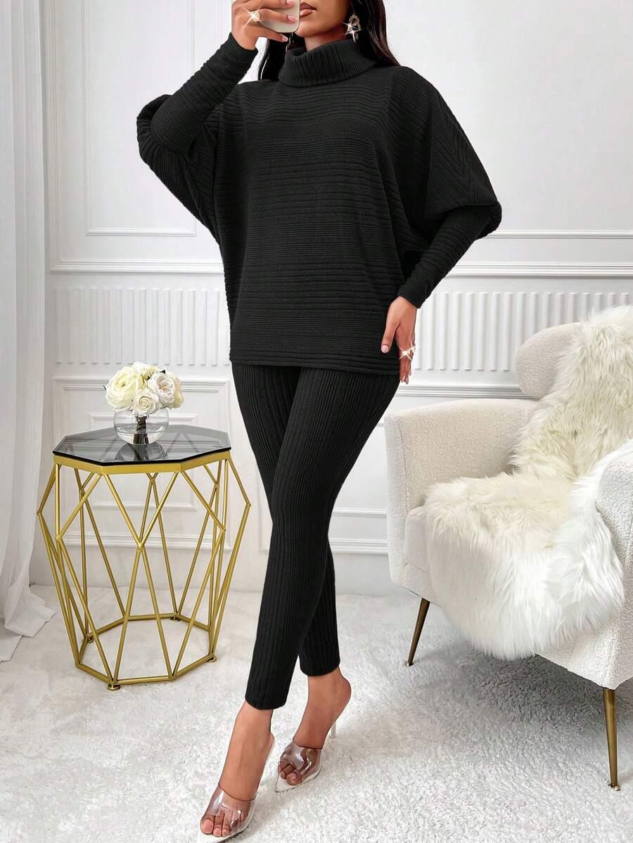 czarny komplet bluzka legginsy dzianina