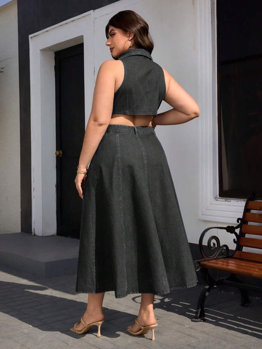 SUKIENKA JEANSOWA MIDI Z KOŁNIERZYKIEM PLUS SIZE
