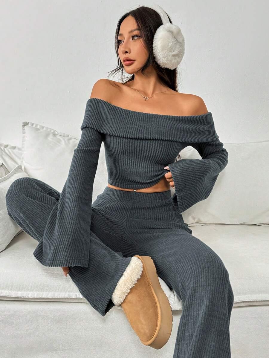 SWETER SPODNIE KOMPLET DZIANINOWY