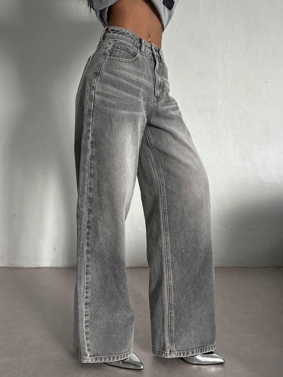 SZARE SPODNIE JEANS SZEROKIE NOGAWKI