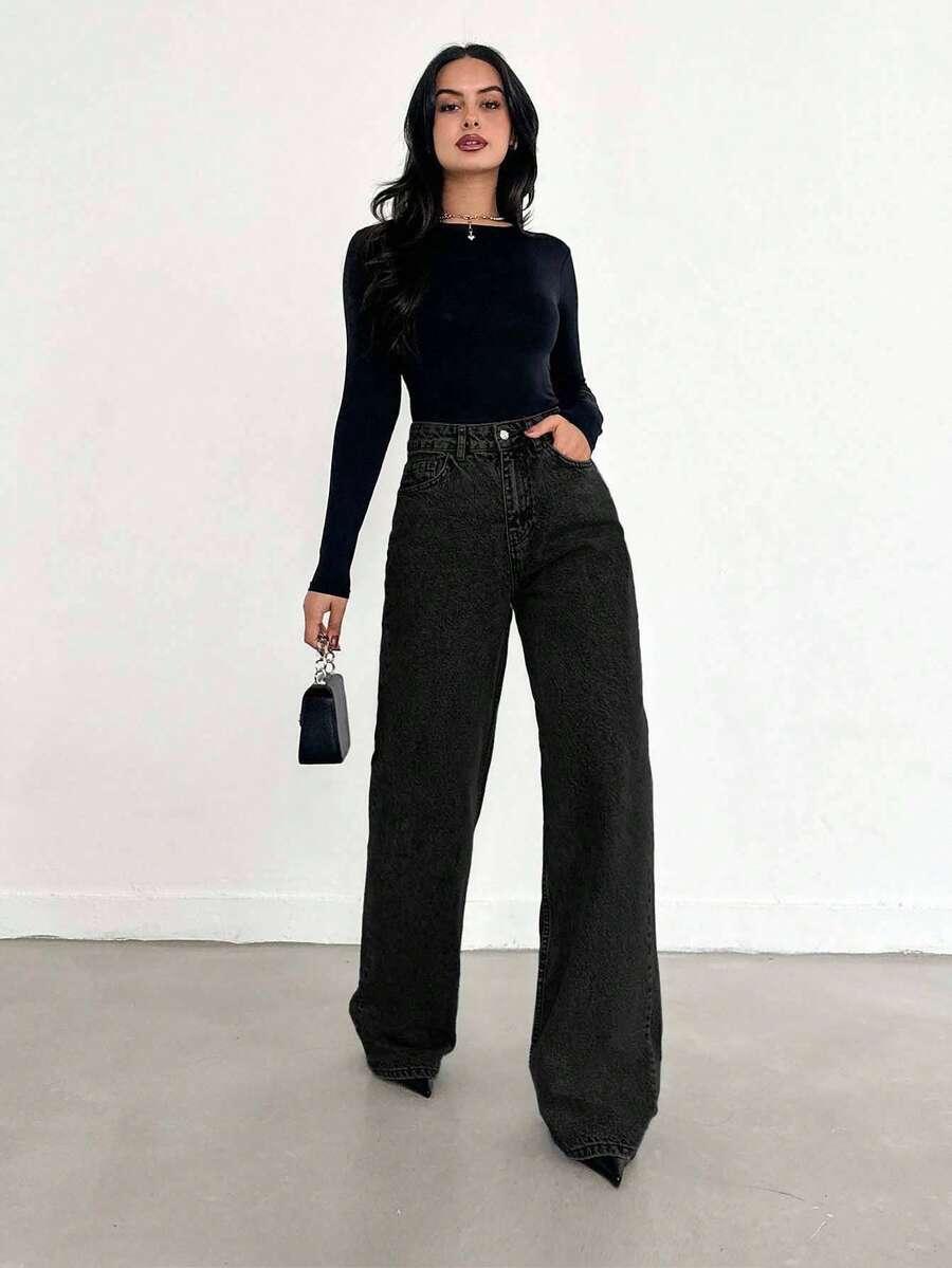 CZARNE PROSTE SPODNIE JEANS WYSOKI STAN
