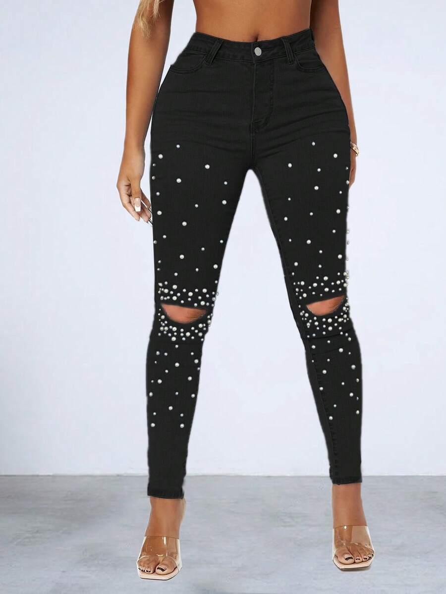 czarne spodnie jeans zdobienia 