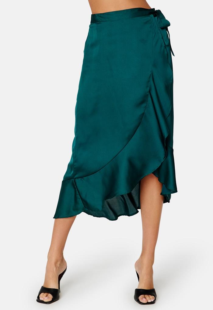 zielona satynowa spódnica wiązanie falbana