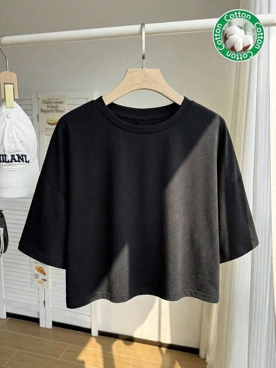 CZARNY T-SHIRT OKRĄGŁY DEKOLT