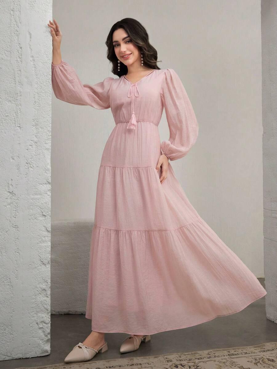 maxi sukienka długi rękaw v neck wiązanie 