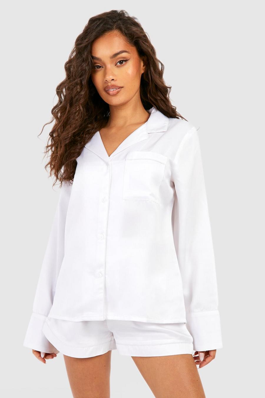 biały satynowy komplet piżama koszula spodenki kokarda