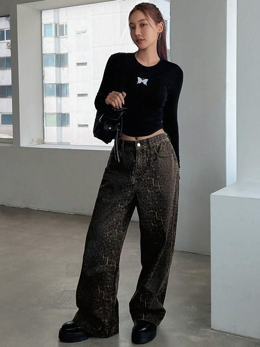 SPODNIE JEANS Z SZEROKIMI NOGAWKAMI ANIMAL PRINT 