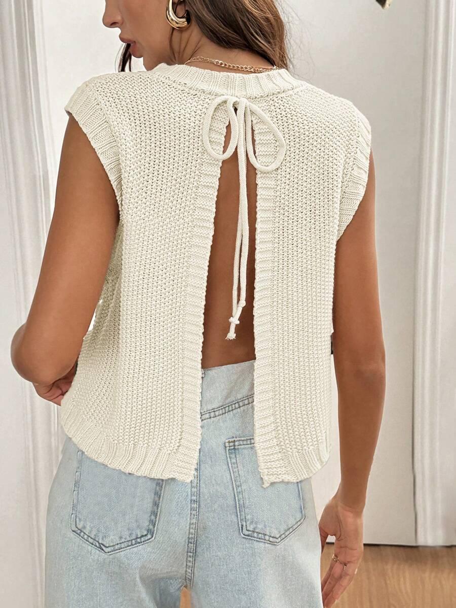 BIAŁY DZIANINOWY SWETER WIĄZANIE