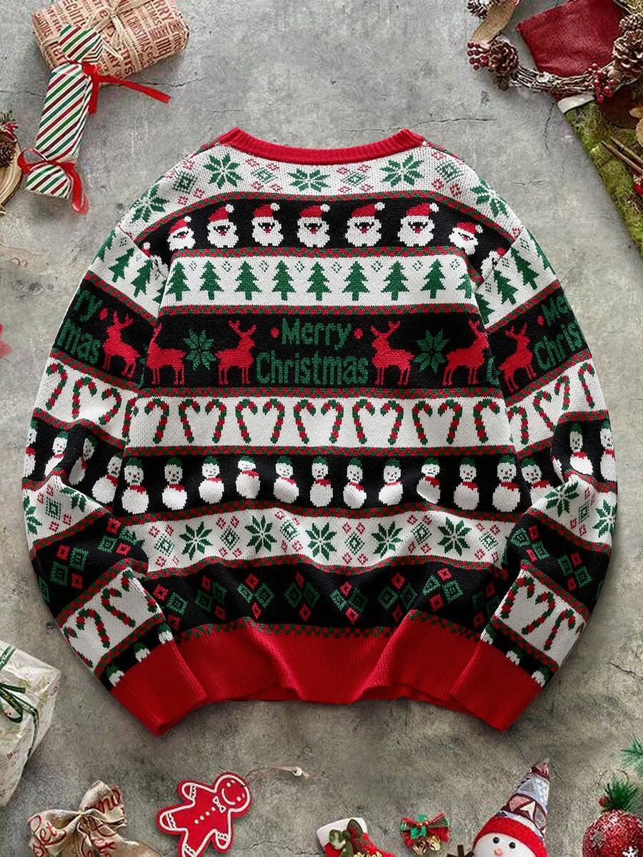 SWETER Z NADRUKIEM W ŚWIĄTECZNYM Z OKRĄGŁYM DEKOLTEM 