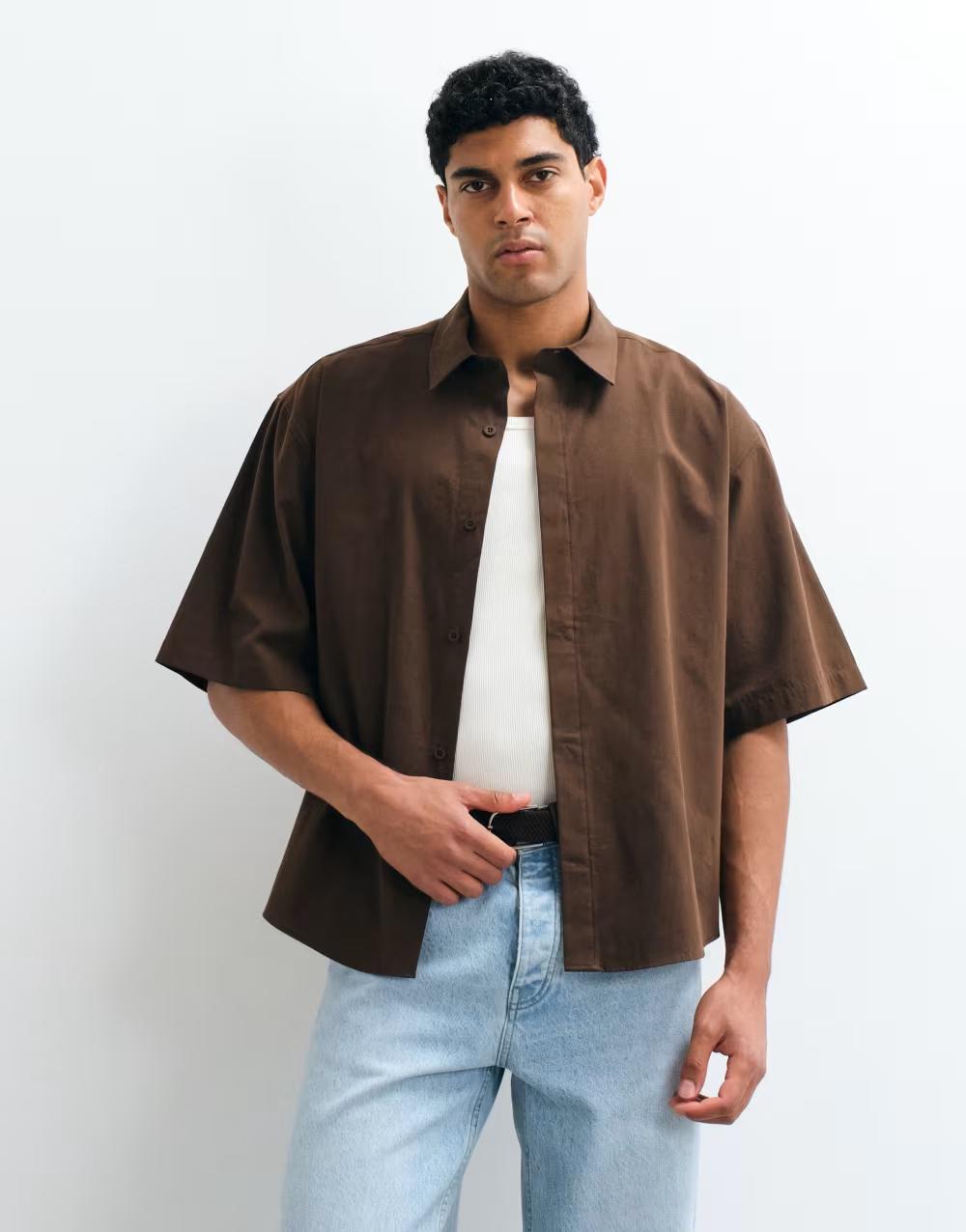 brązowa koszula z krótkim rękawem guziki oversize