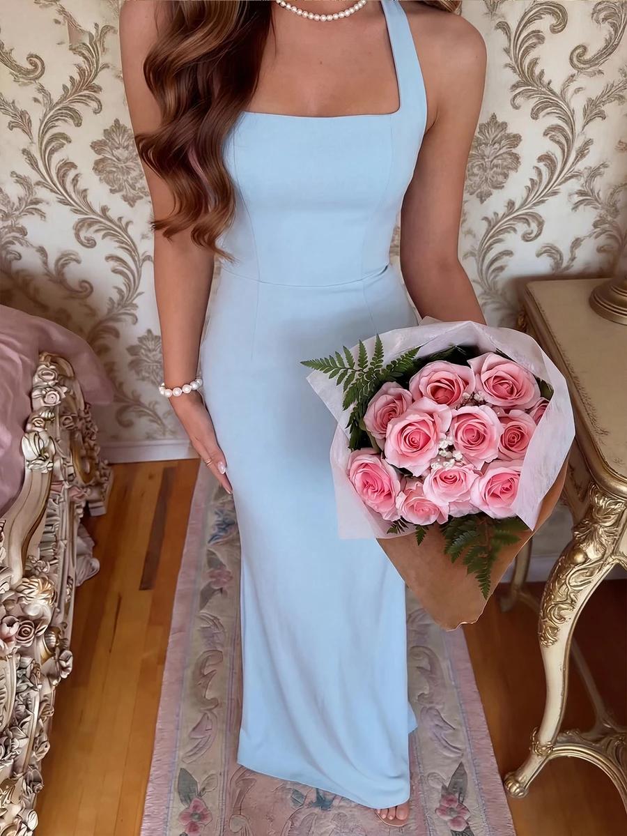 niebieska maxi sukienka z wiązaniem na szyi
