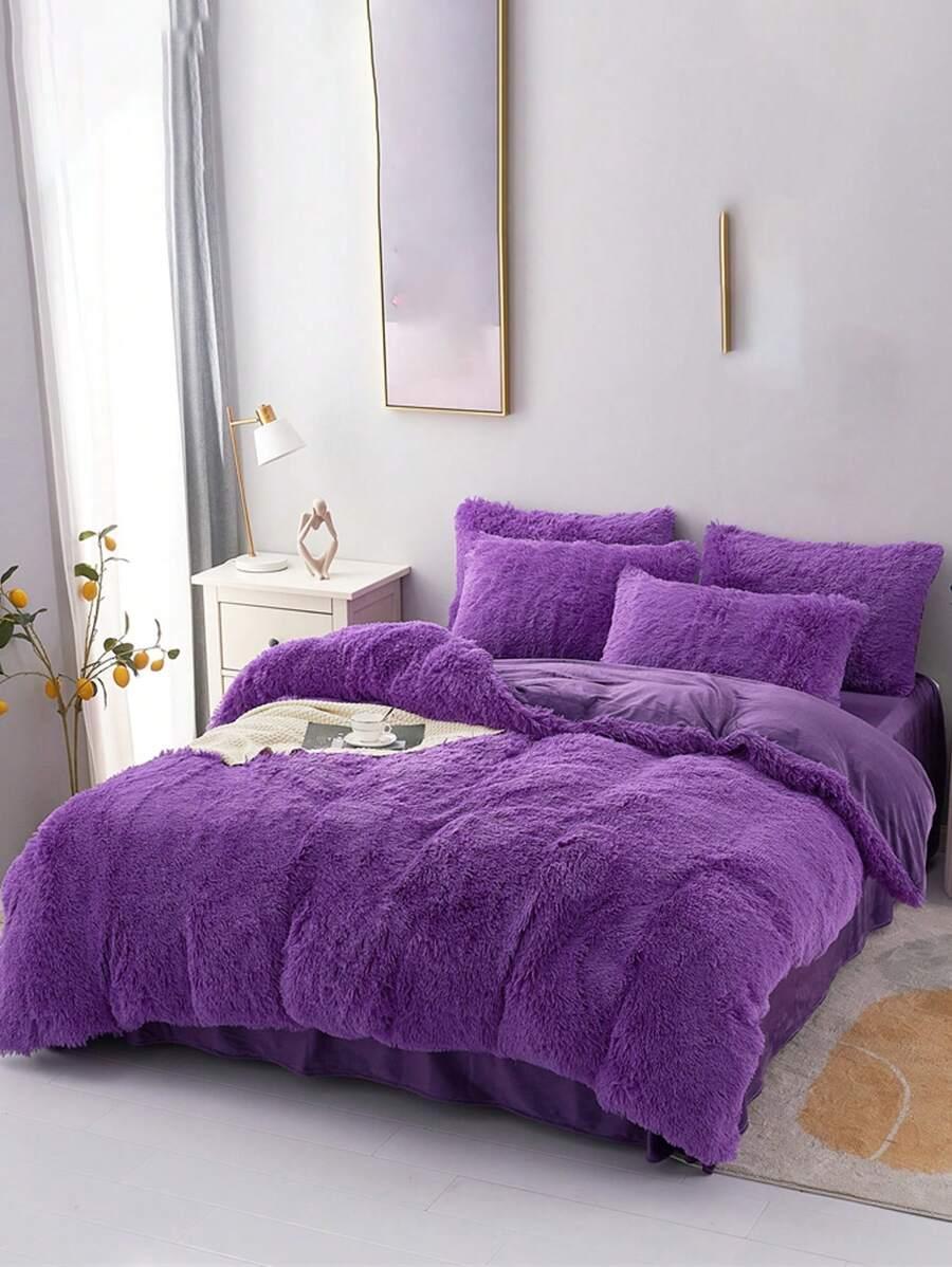fioletowy fluffy komplet pościeli 