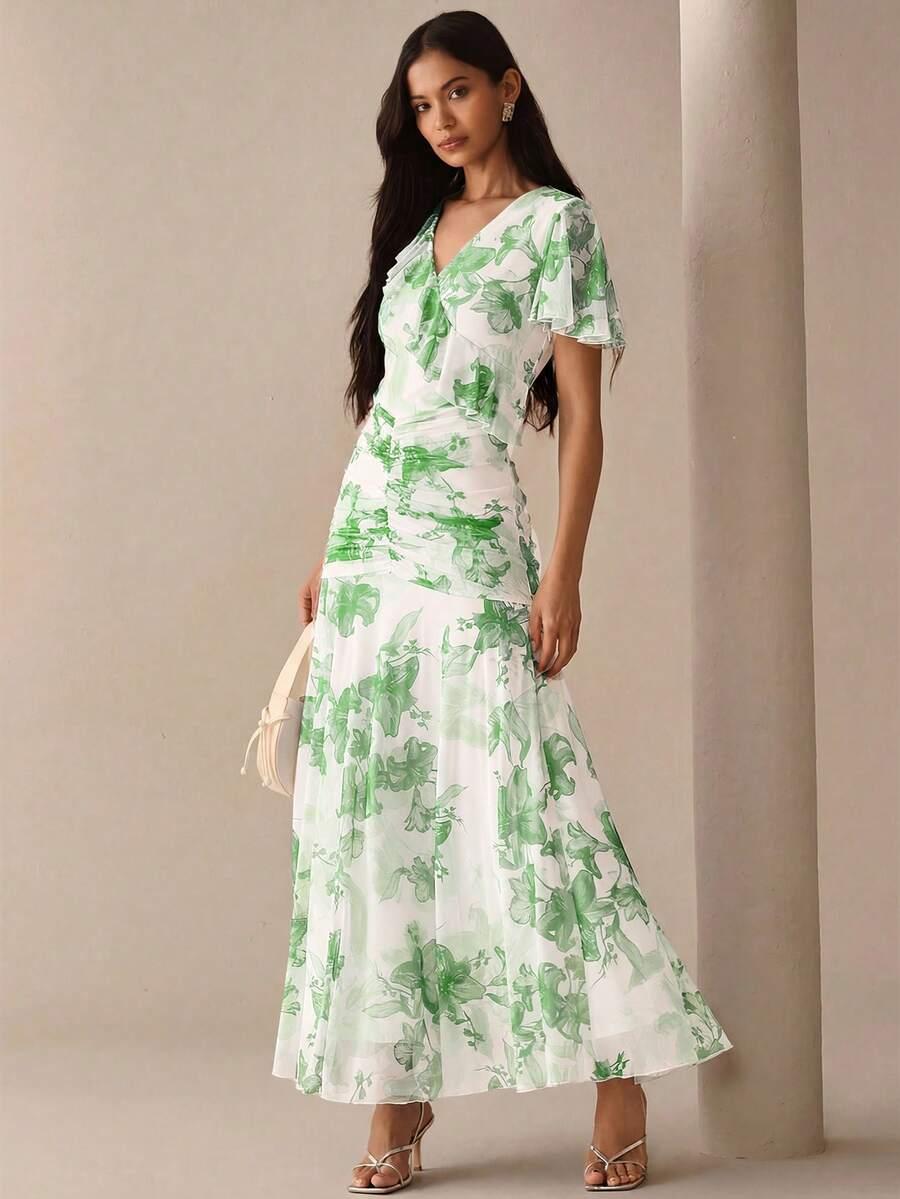 sukienka maxi krótki rękaw print