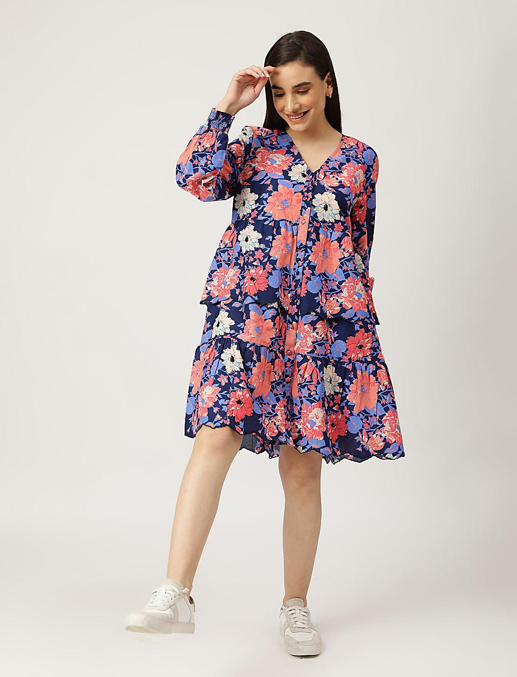 sukienka kwiaty długi rękaw T42-2456K-E6