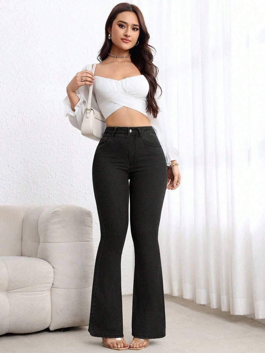 CZARNE SPODNIE JEANS DZWONY WYSOKI STAN
