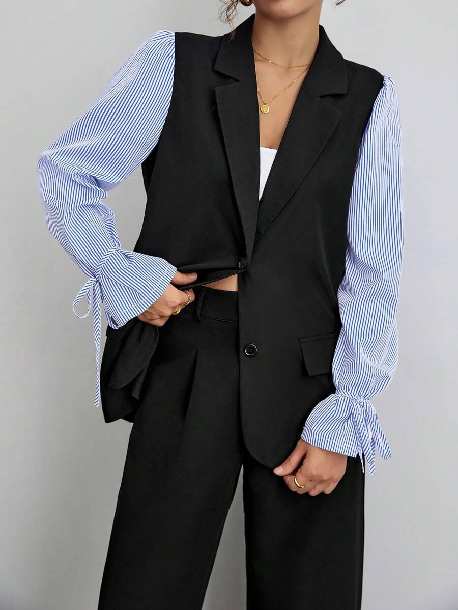 ELEGANCKA KOSZULA DAMSKA V-NECK W PASKI DŁUGI
