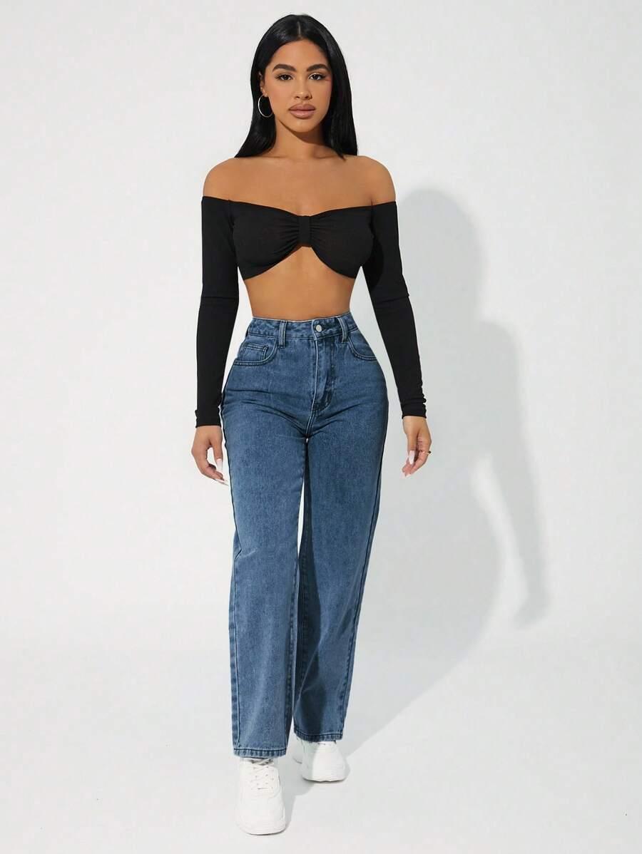 NIEBIESKIE SPODNIE JEANS PROSTA NOGAWKA 
