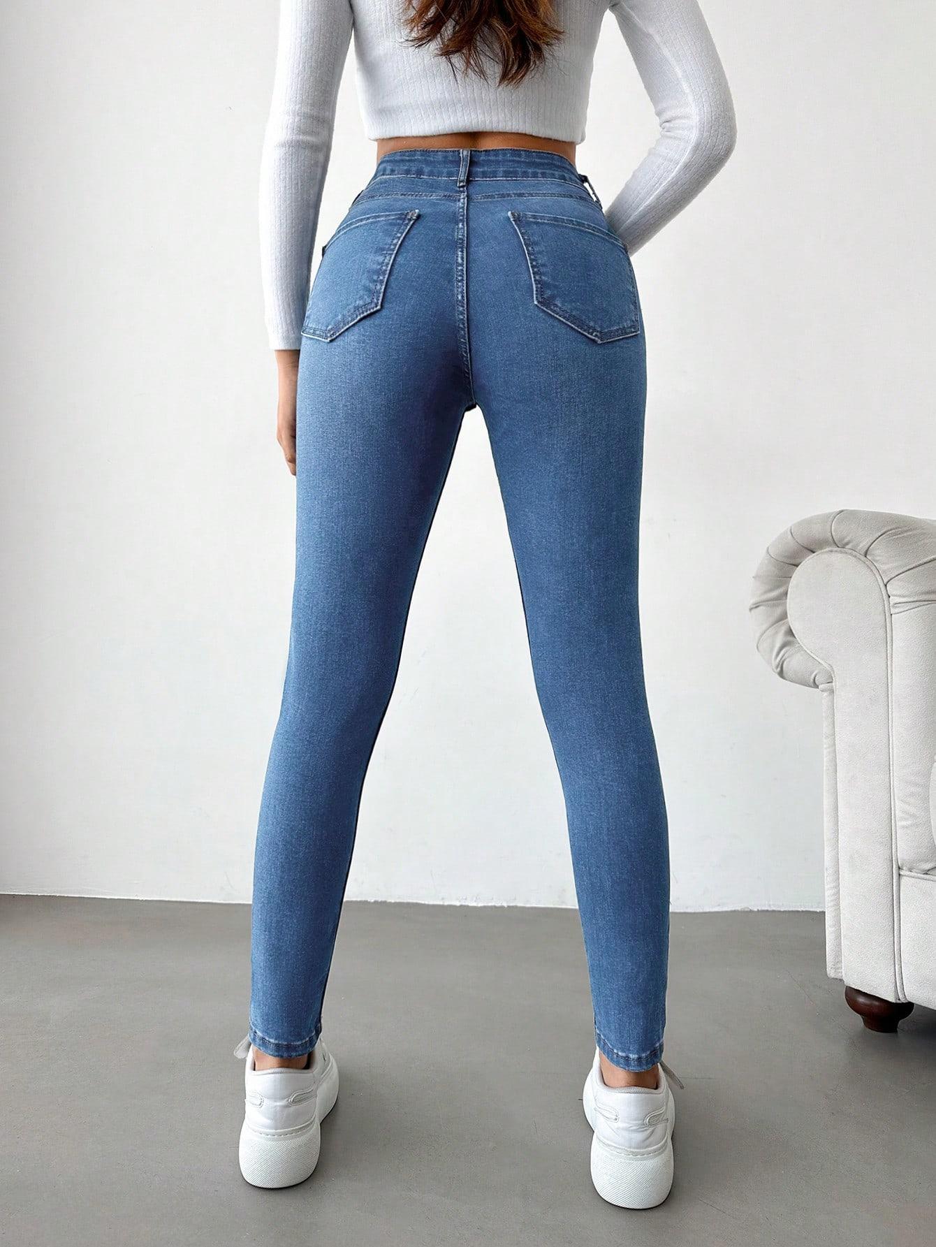 spodnie rurki jeans high waist guziki kieszenie