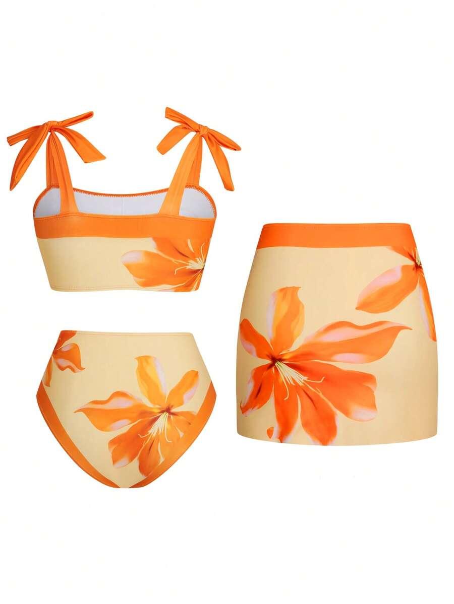 3-CZĘŚCIOWY STRÓJ KĄPIELOWY bikini spódnica kwiaty