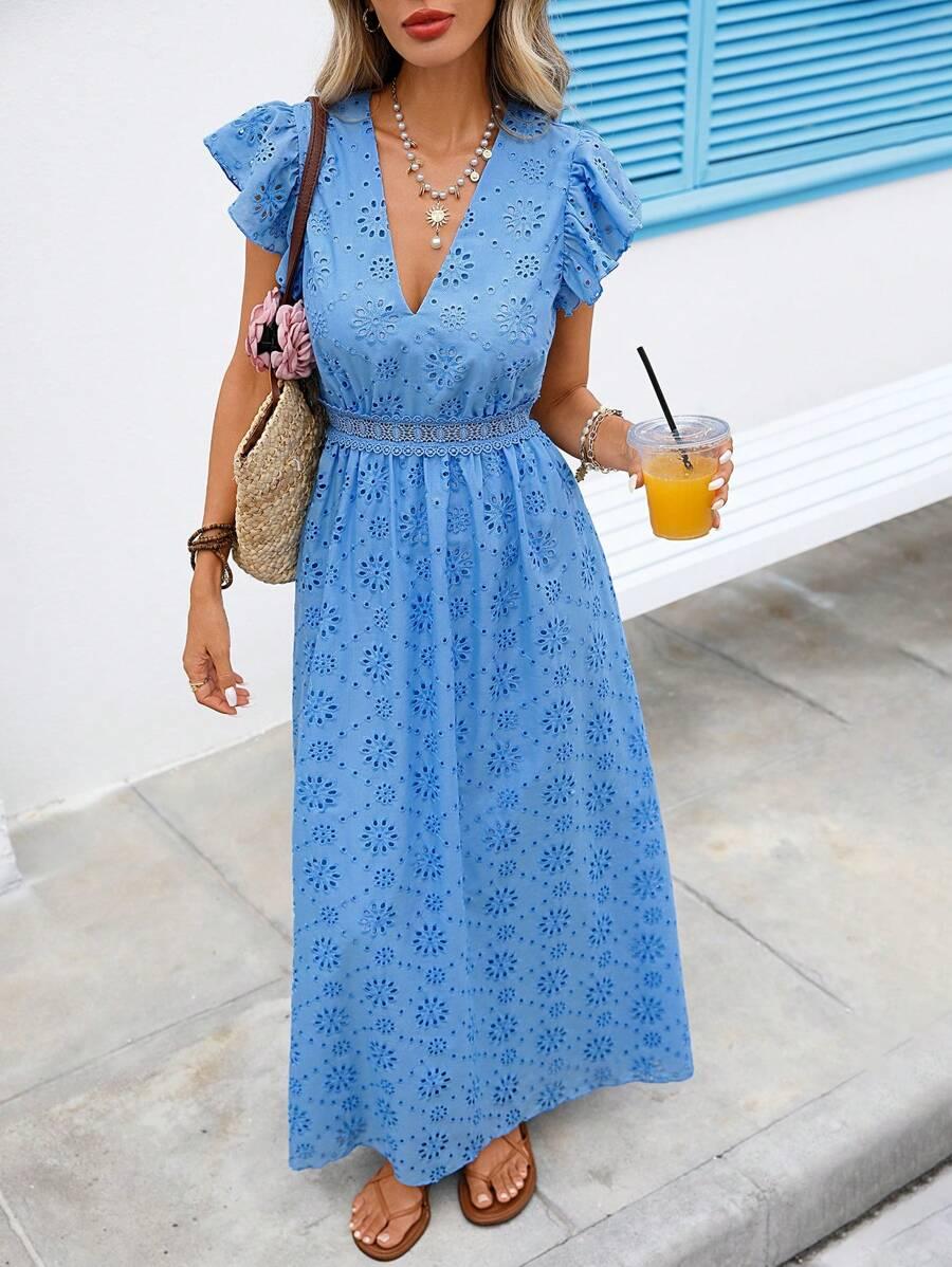 niebieska maxi sukienka v-neck