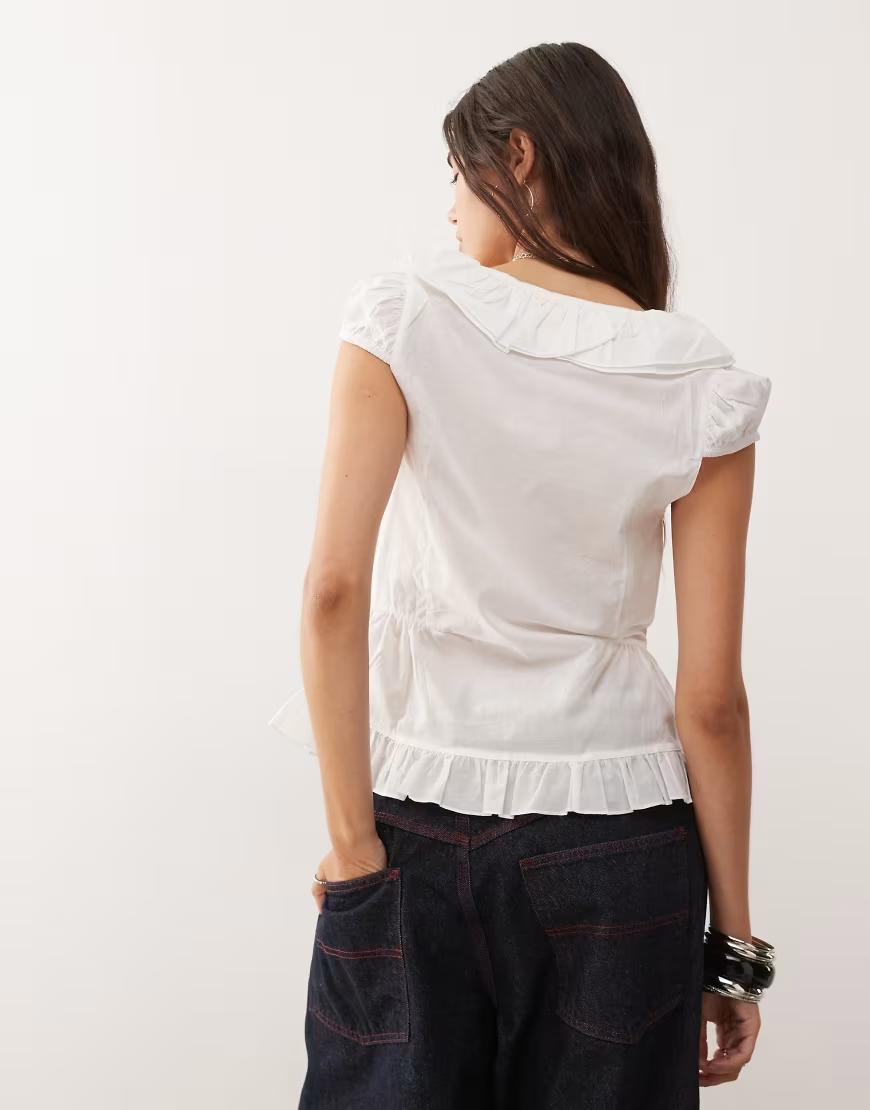 BIAŁA BLUZKA V-NECK FALBANY