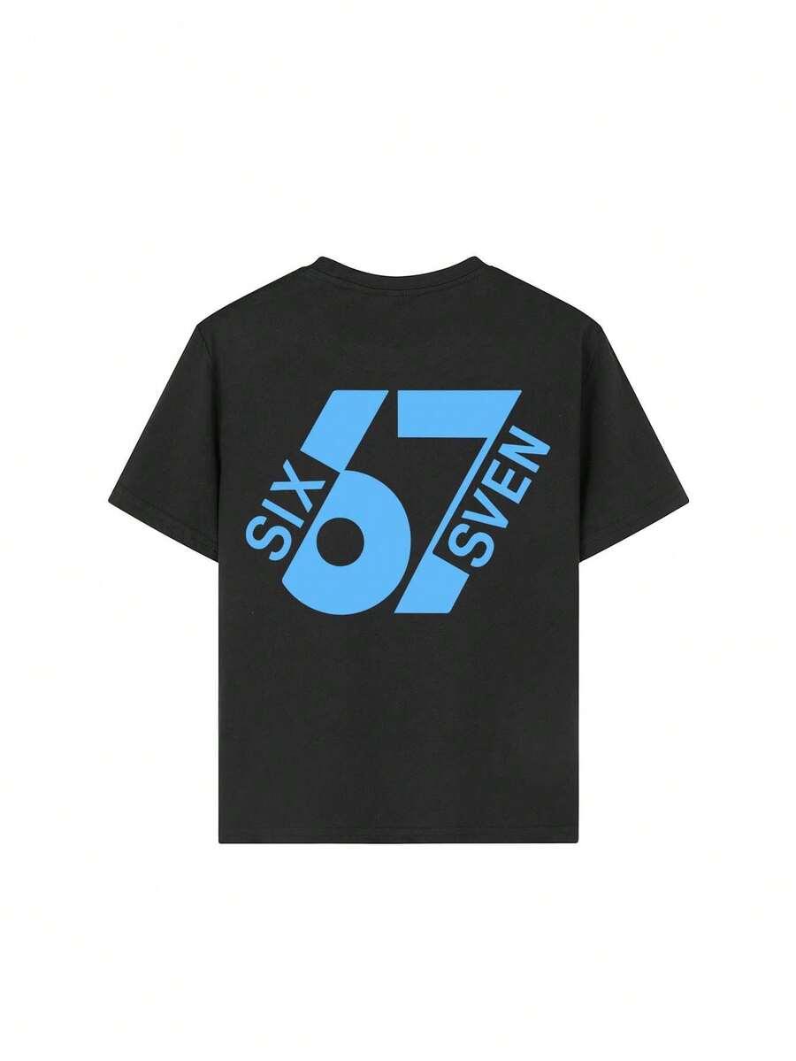 CZARNY T-SHIRT PRINT OKRĄGŁY DEKOLT
