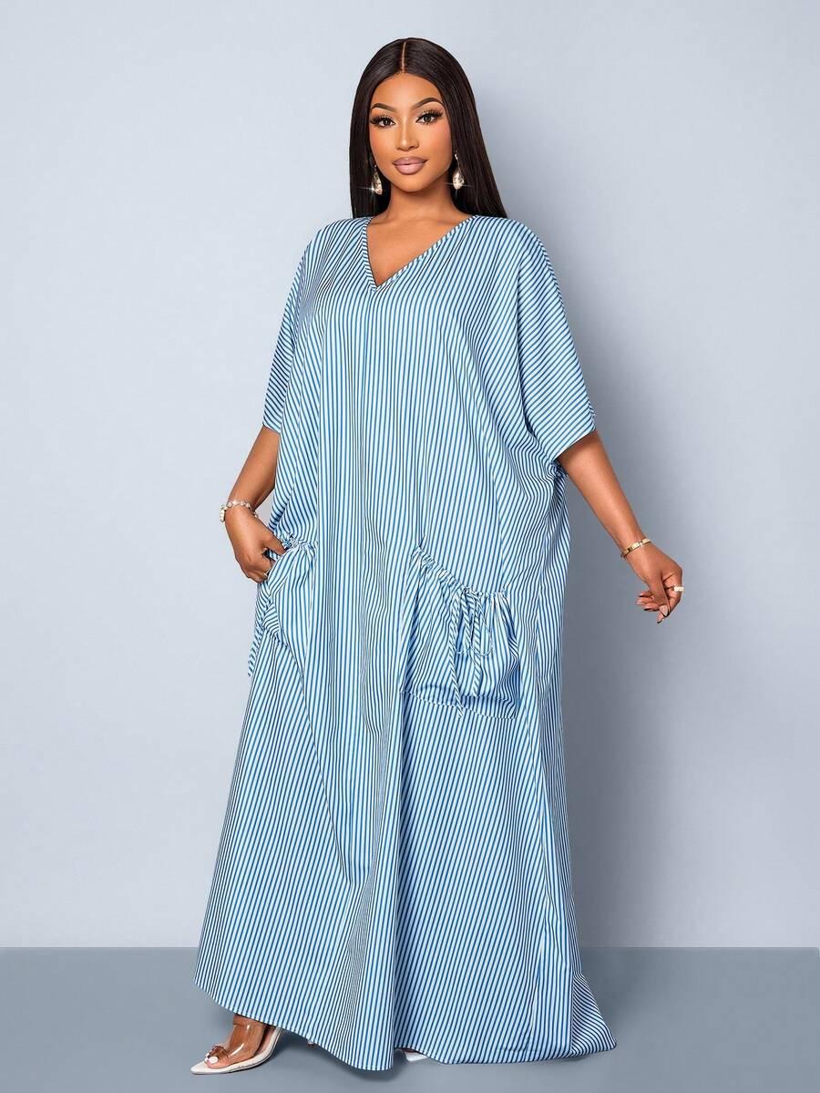 MAXI SUKIENKA WZÓR paski v-neck