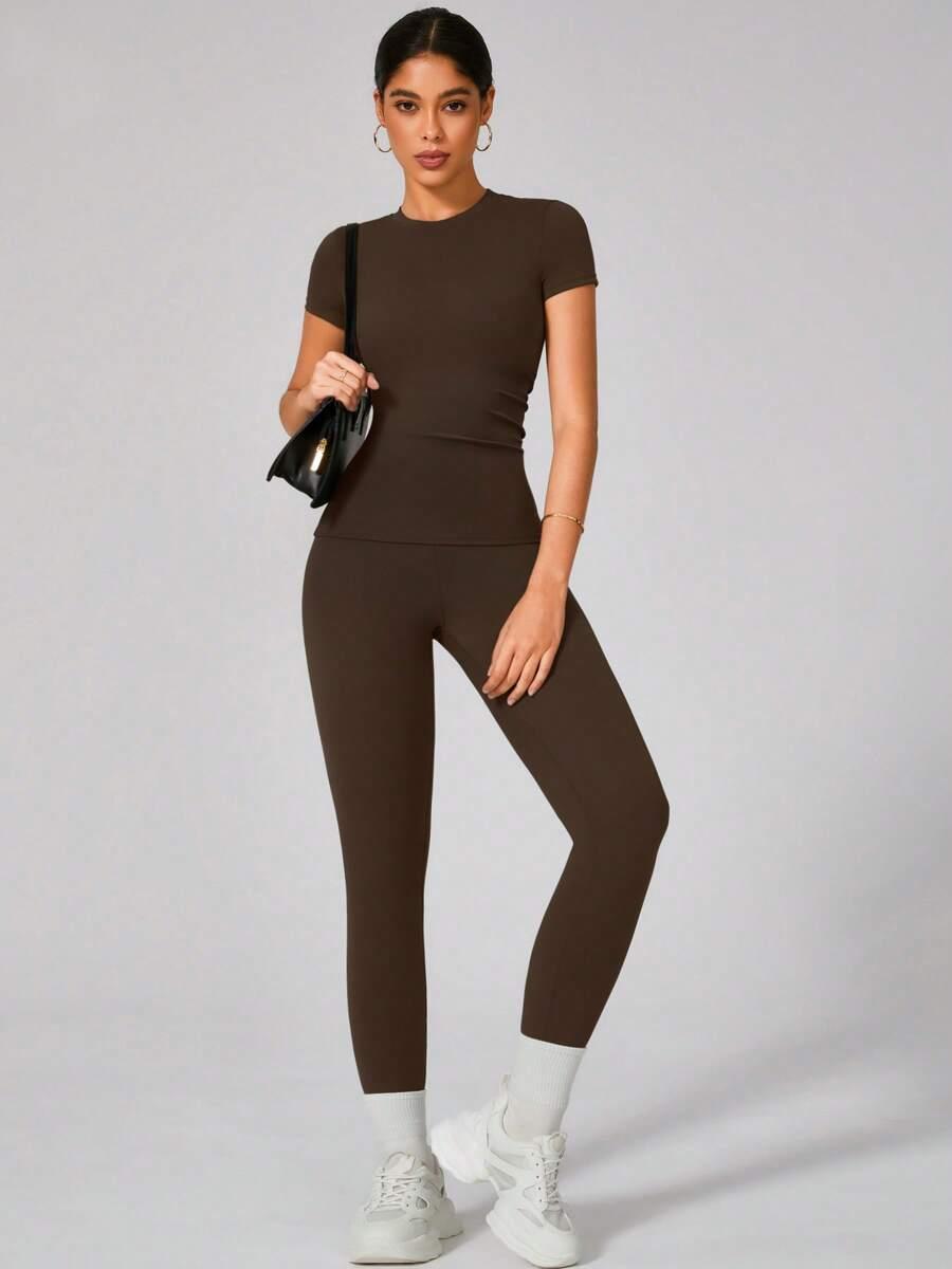 brązowe legginsy wysoki stan 