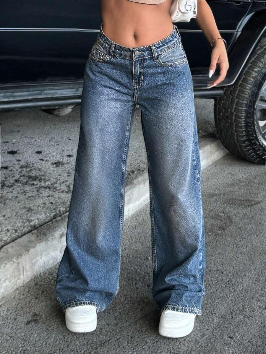 niebieskie spodnie jeans szerokie nogawki