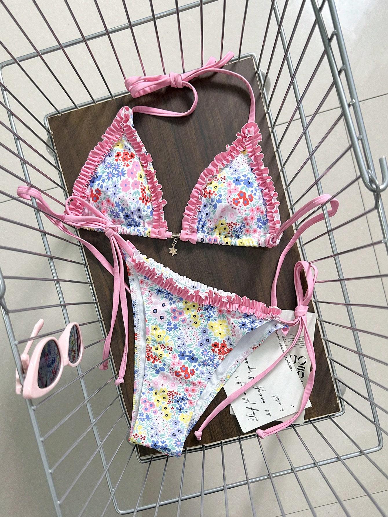 KOMPLET BIKINI WIĄZANY W KWIATY