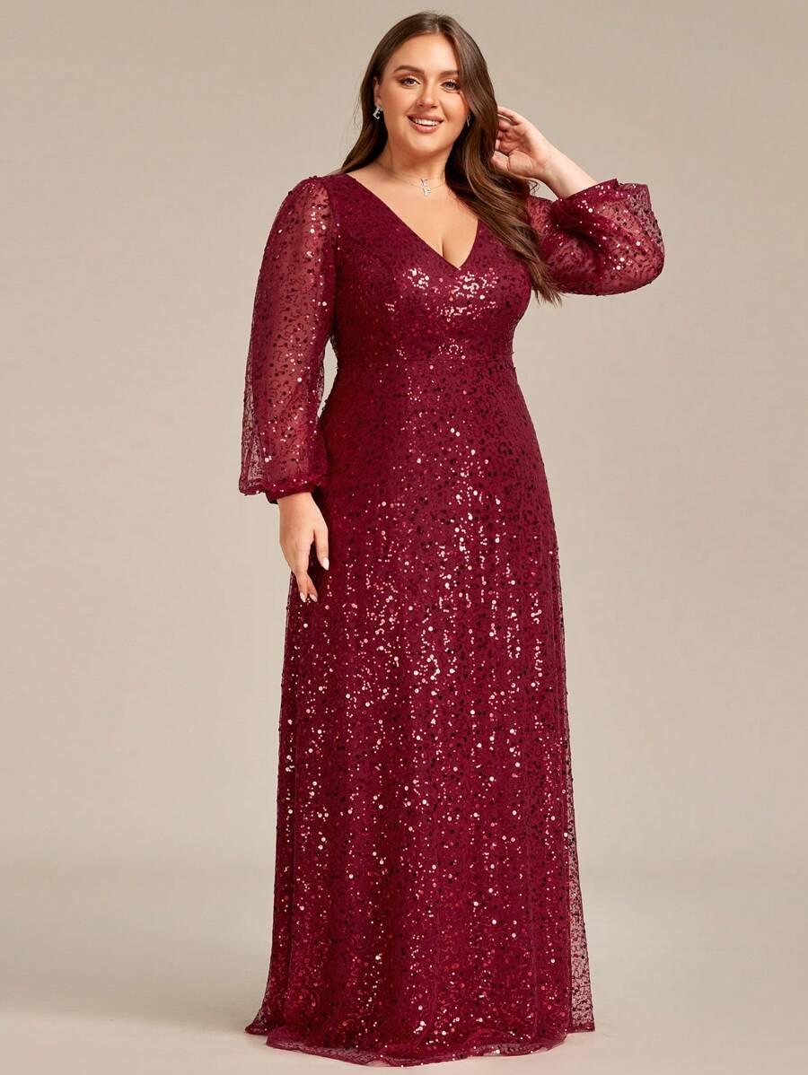 czerwona maxi sukienka zdobienie cekiny v-neck