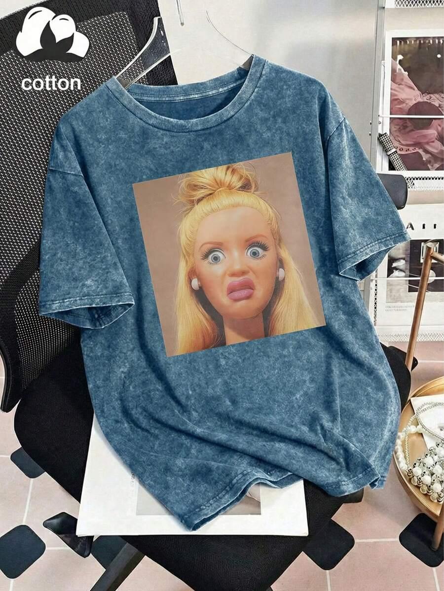 niebieski t-shirt nadruk