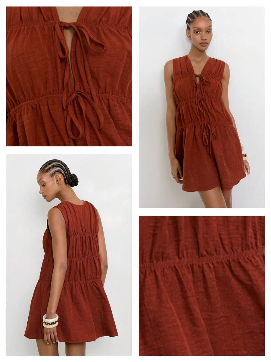 miedziana mini sukienka oversize wiązanie