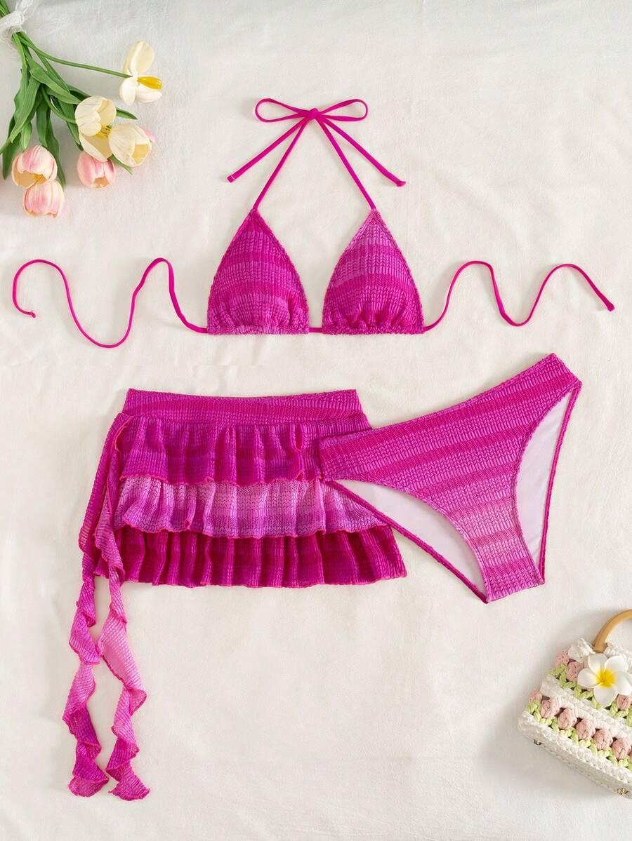 różowy komplet bikini spódnica