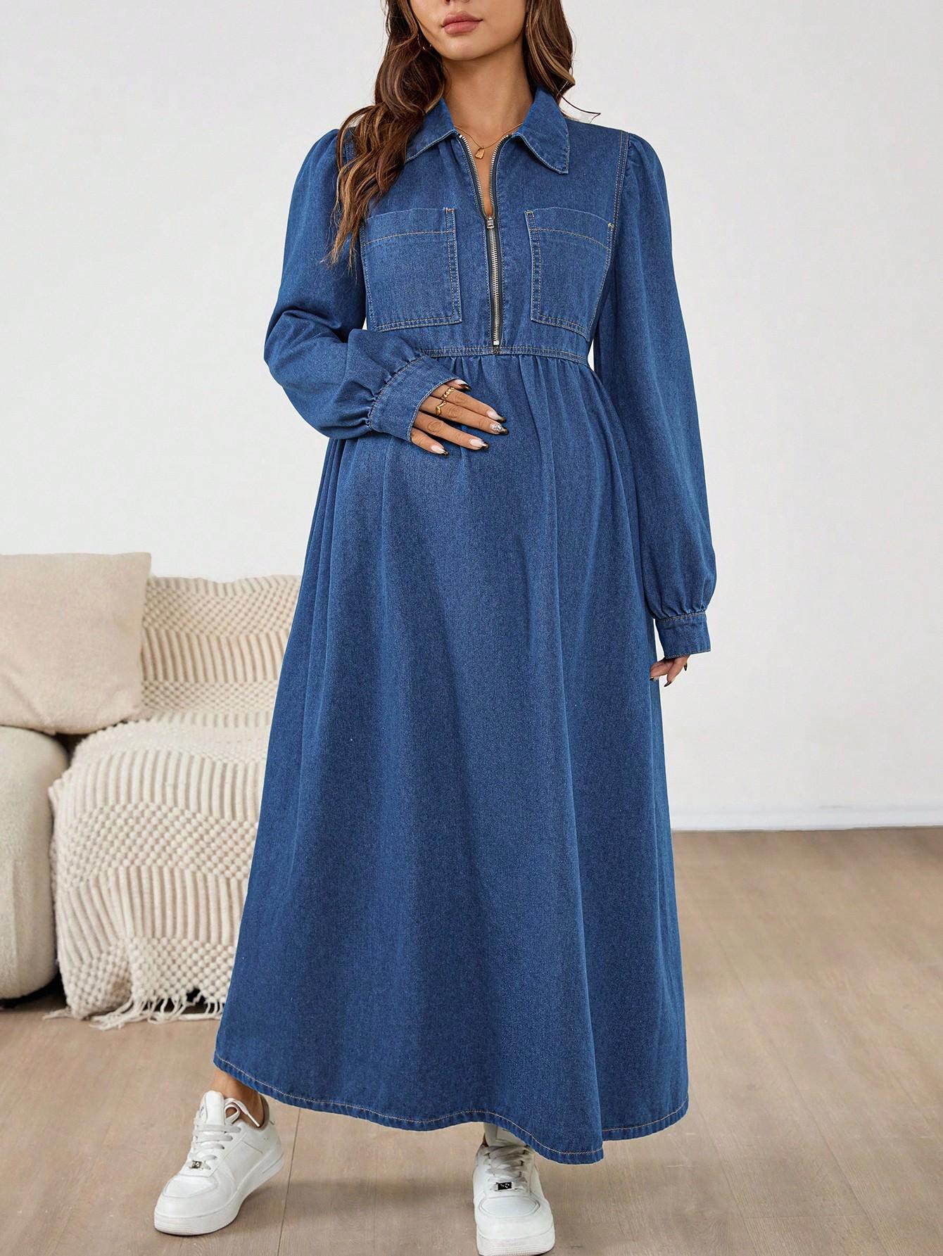 niebieska sukienka ciążowa jeans zamek
