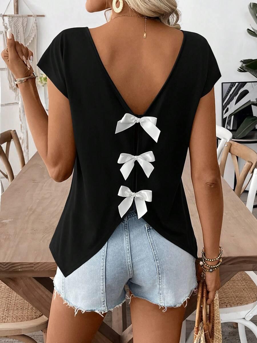 czarny t-shirt v neck kokardy 
