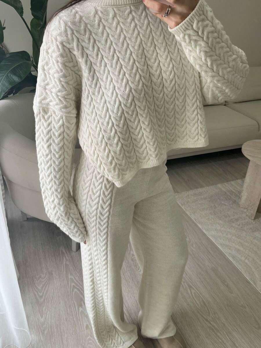 BEŻOWY SWETER SPODNIE KOMPLET 